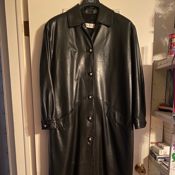 Long Black leather coat with gold buttons